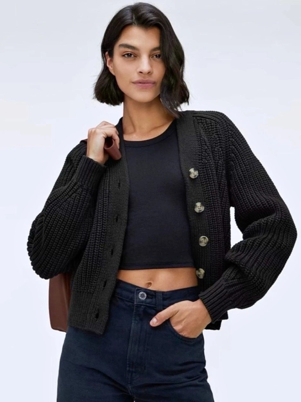 Everlane Chunky Black Texture Cotton Cardigan Small Crop Oversized Knit